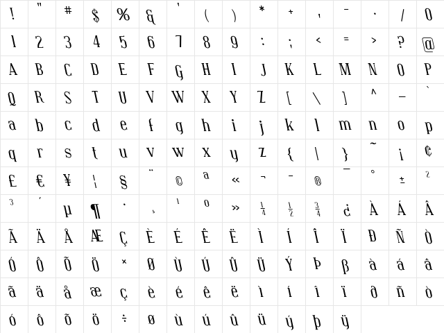 Covington Rev Italic  glyph index