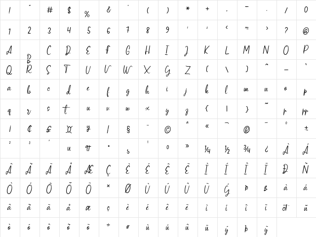VerticaScripts2 Regular  glyph index