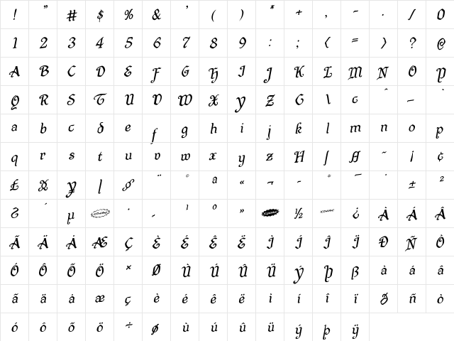 Quill Sword Rotalic Italic  glyph index