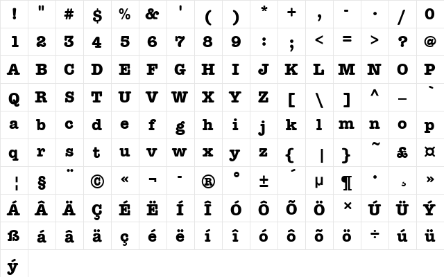 American Typewriter Itc D EE Bold  glyph index