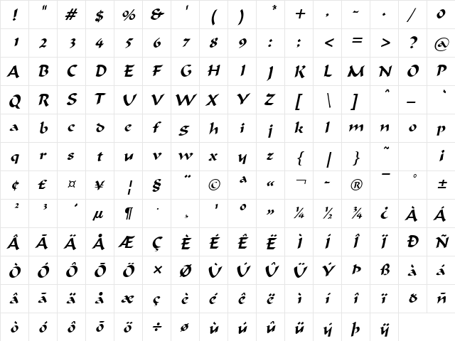 FlatBrush Italic  glyph index