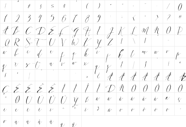 DearlyScript Regular  glyph index