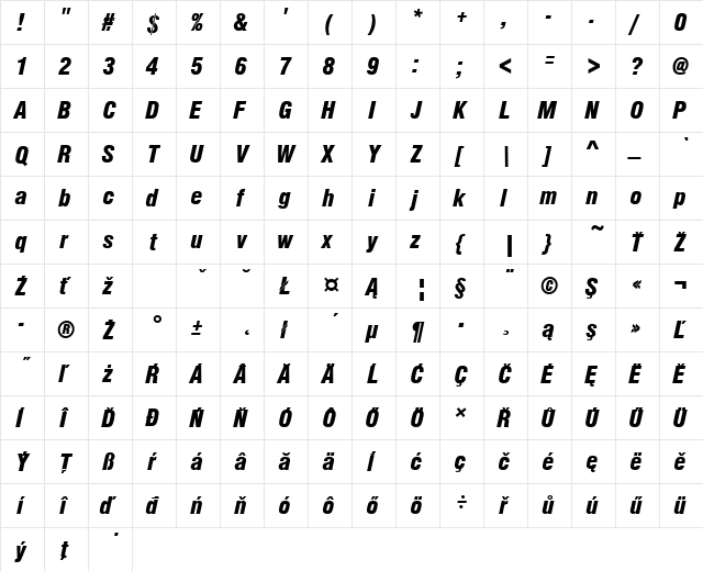 NimbusSanPEEBlaCon Italic  glyph index
