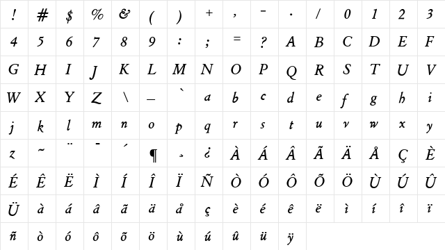 Cloister Italic  glyph index