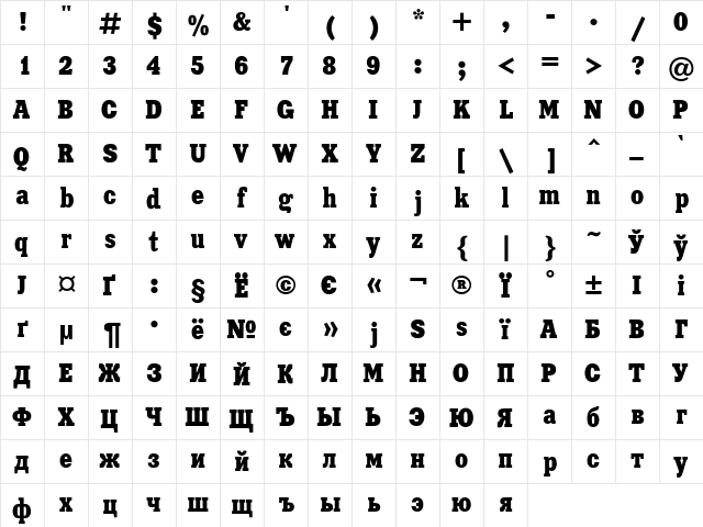 UkrainianXeniaCondensed Regular  glyph index
