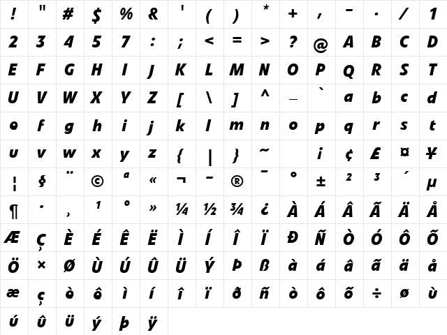 Veto Com Bold Italic  glyph index