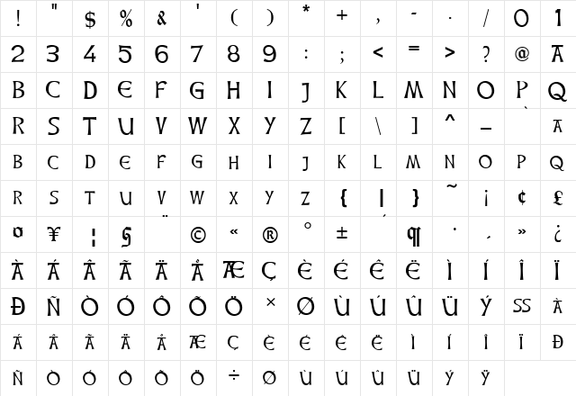 Celtic Hand Regular  glyph index