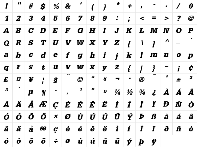 Glypha 75 Black Oblique  glyph index