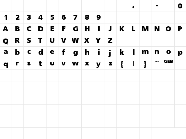 TQF_FruitfulBlack Regular  glyph index