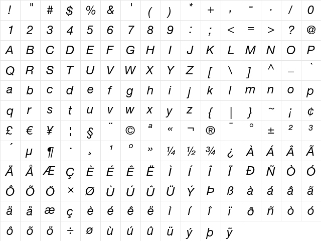 Helvetica Neue LT Regular  glyph index