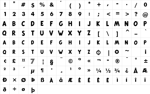 Tintin Bold  glyph index