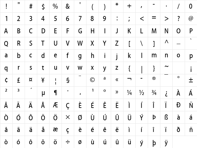 Myriad Condensed Web Regular  glyph index