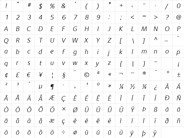 FoundrySterling-BookItalic Regular  glyph index