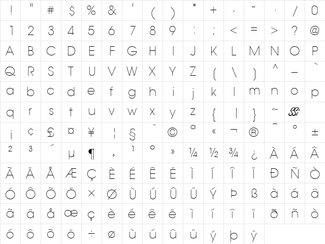 Trendex Light SSi Extra Light  glyph index