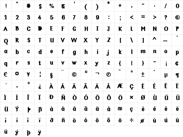 GreenTerrorExtraBlack Regular  glyph index