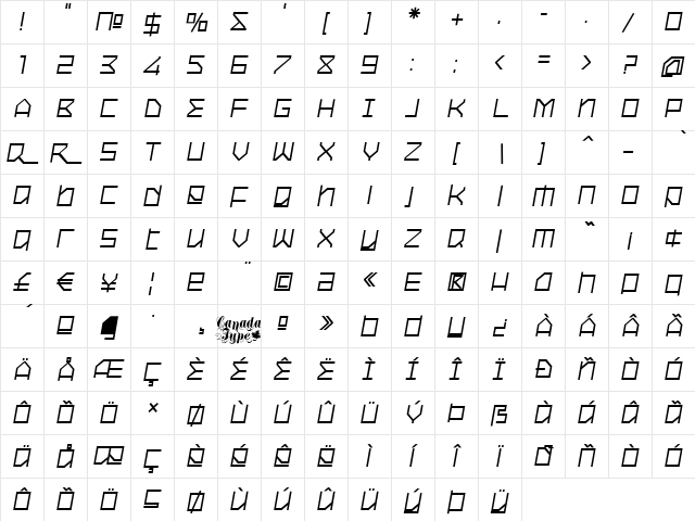 Oxygen Italic  glyph index