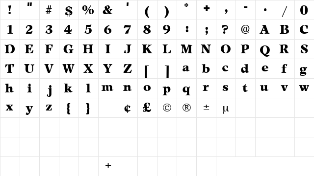 MezzoDisplaySSK Regular  glyph index