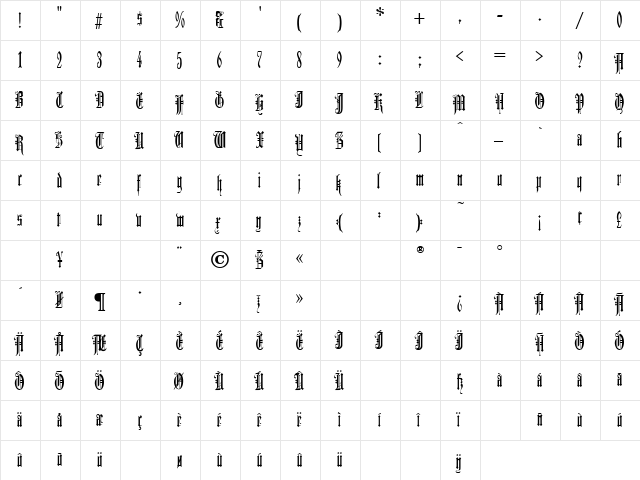 Durer Gothic Regular  glyph index