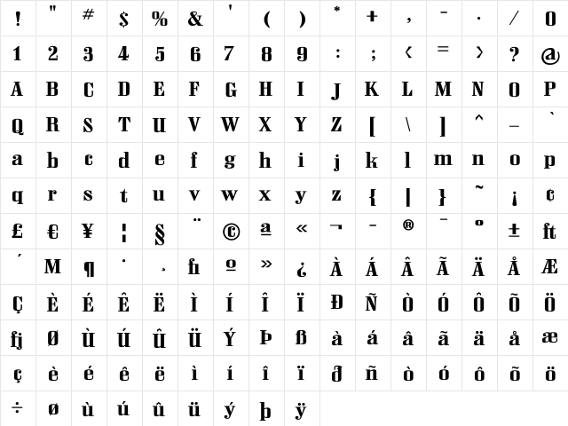 Frisco Regular  glyph index