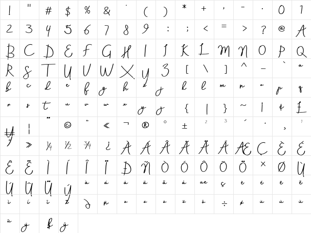 Aneisha Script Bold Regular  glyph index