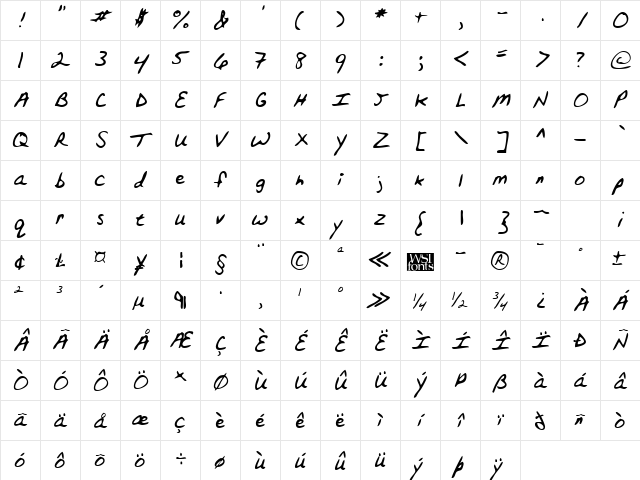 JustinsHand Regular  glyph index