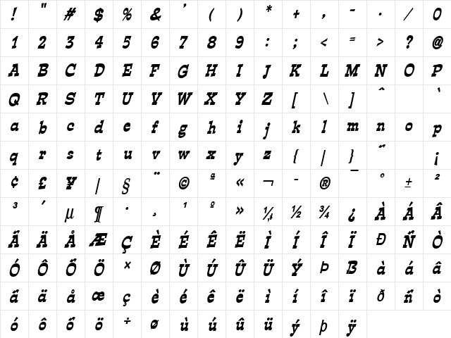 Expose Condensed BoldItalic  glyph index