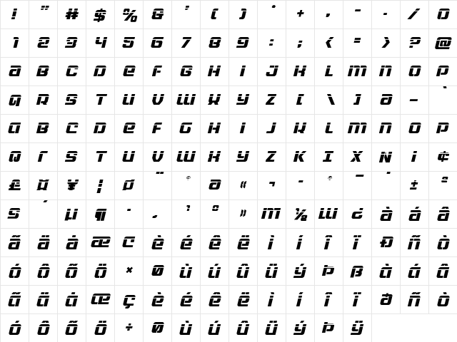 Globe Trekker Laser Italic Italic  glyph index