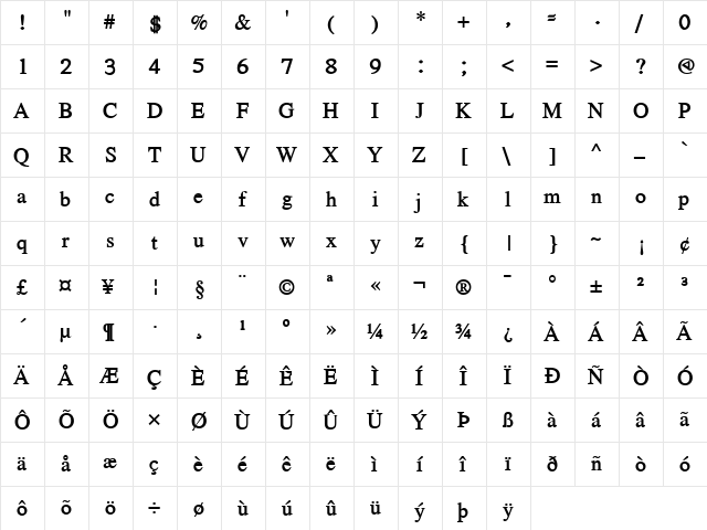 Masinahikan Dene Bold  glyph index