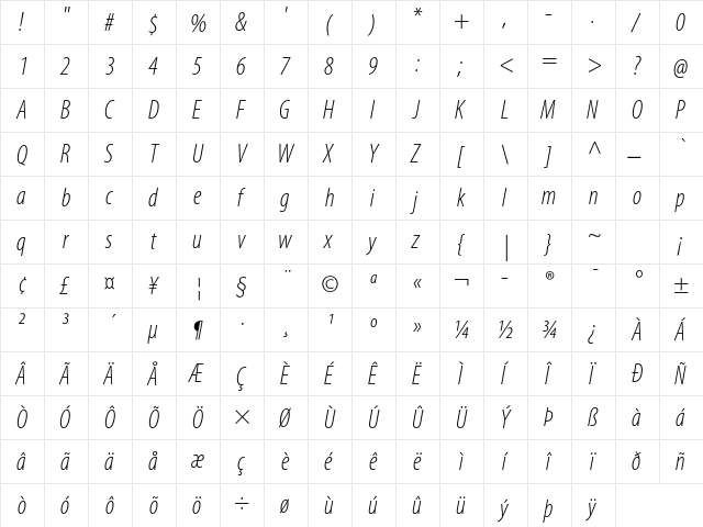 Myriad Pro Light Condensed Italic  glyph index