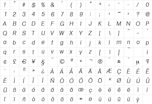 FormulaSerial-Light Italic  glyph index