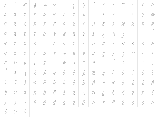 DISPLAYEDObliqueoutline Obliqueoutline  glyph index