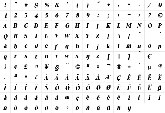 Toledo-BoldIta Regular  glyph index