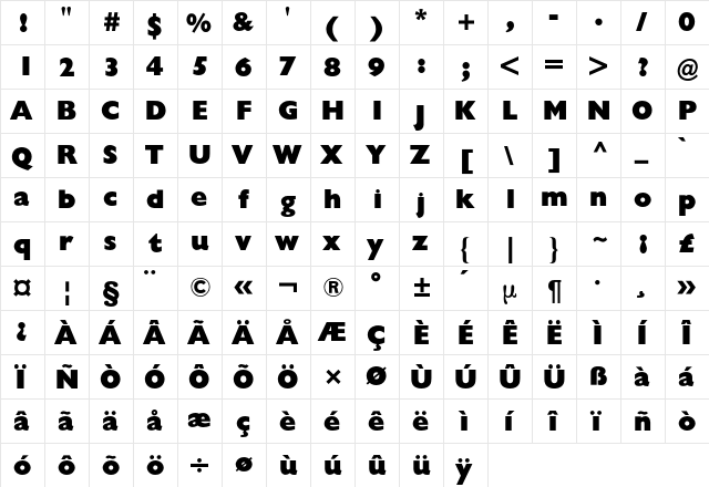 Gill Sans BQ Regular  glyph index