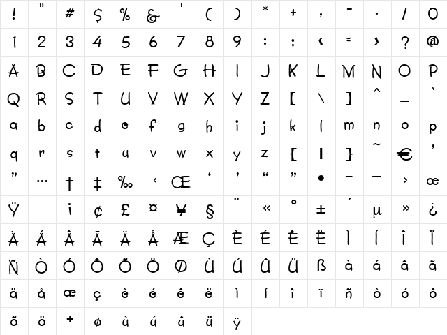 Novene Regular  glyph index