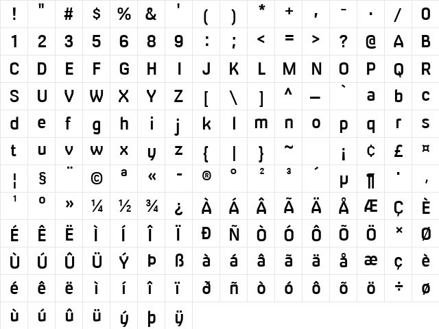 Milibus Sb Regular  glyph index