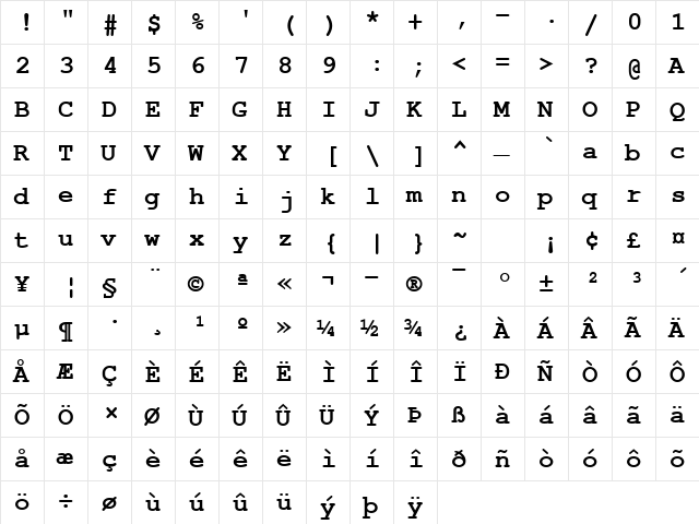 NimbusMonL Bold  glyph index