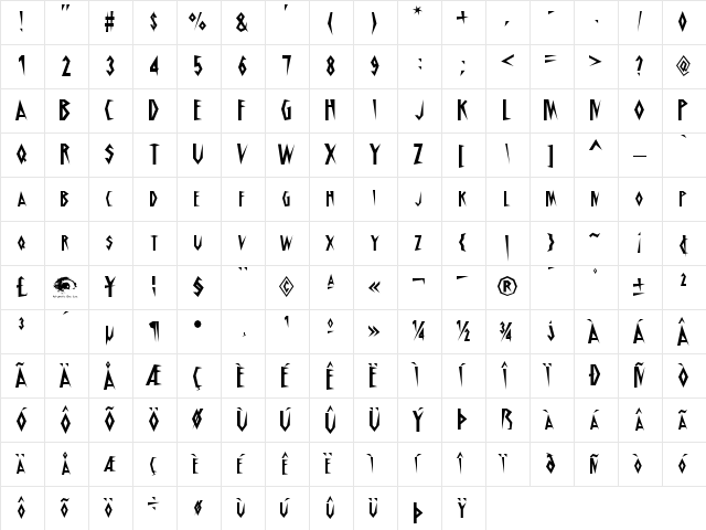 Schrill AOE Regular  glyph index