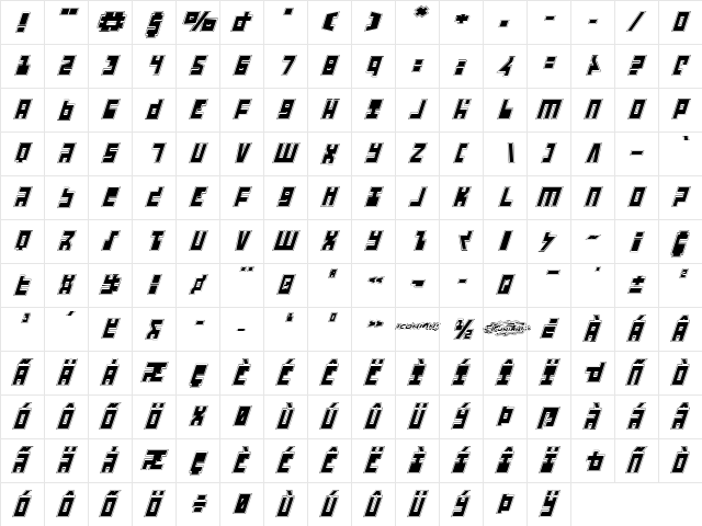 UFO Hunter Academy Italic Italic  glyph index