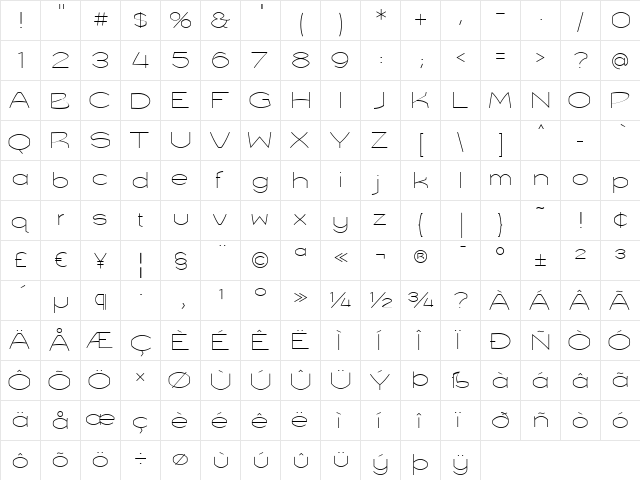 Truss UltraLight  glyph index