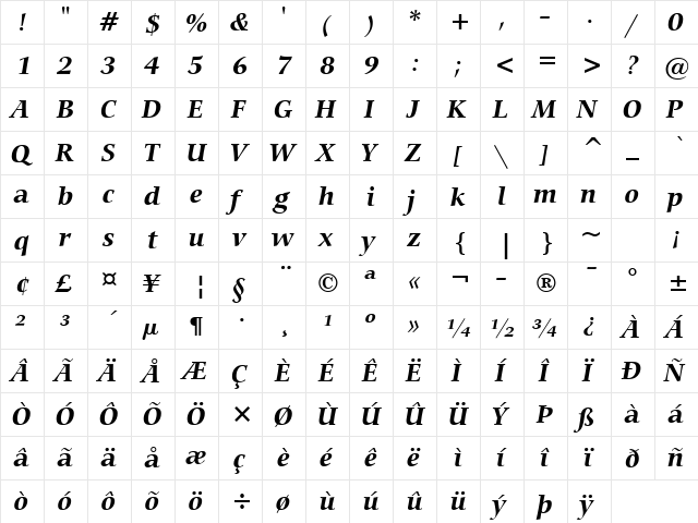 Carmina Md BT Bold Italic  glyph index