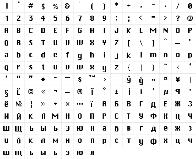 Chicago Plain  glyph index