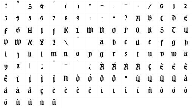 JMH Beda Regular  glyph index