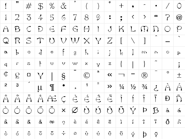 Bart Normal  glyph index