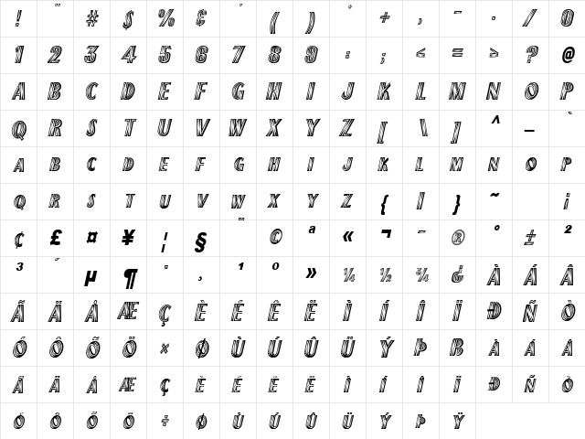 Plank-Condensed Italic  glyph index
