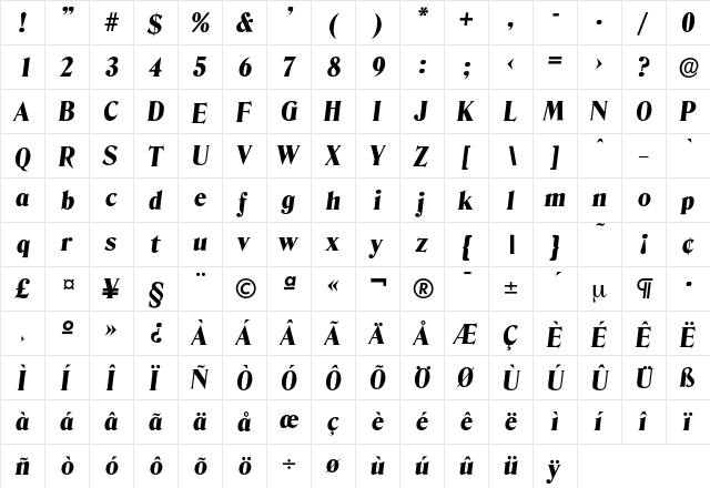 Denver-ExtraBoldIta Regular  glyph index