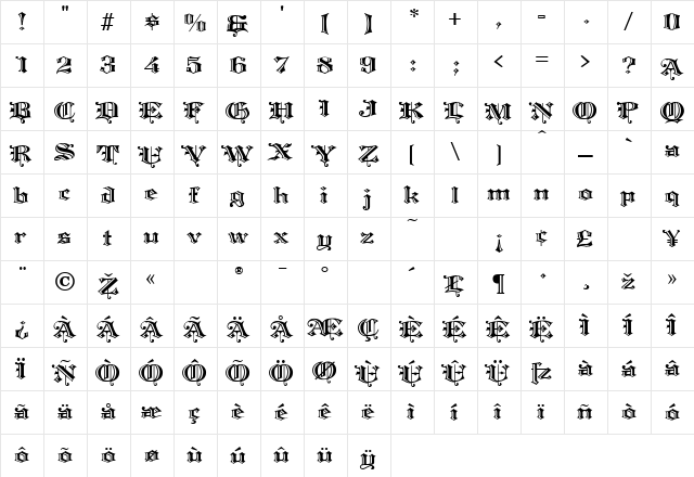 Warwick Regular  glyph index