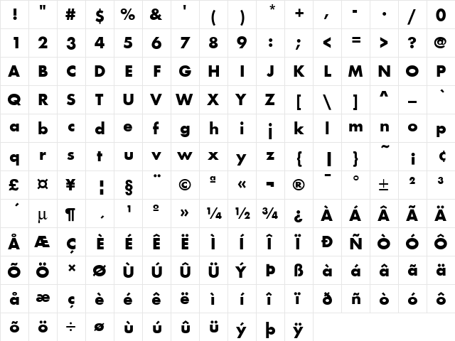 Futura T Bold  glyph index