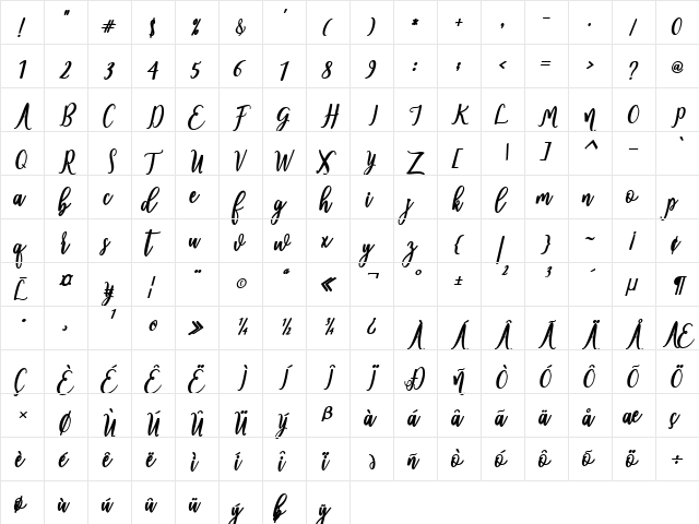 andalusia Regular  glyph index