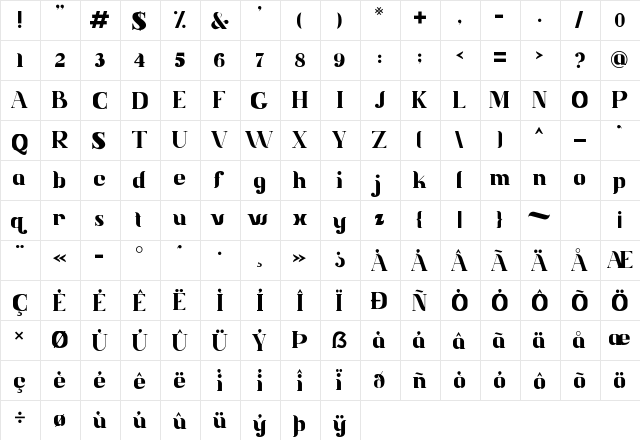 Jetfast Regular  glyph index