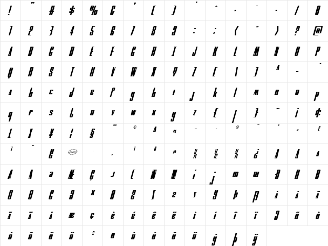 MOON Runner Italic Italic  glyph index